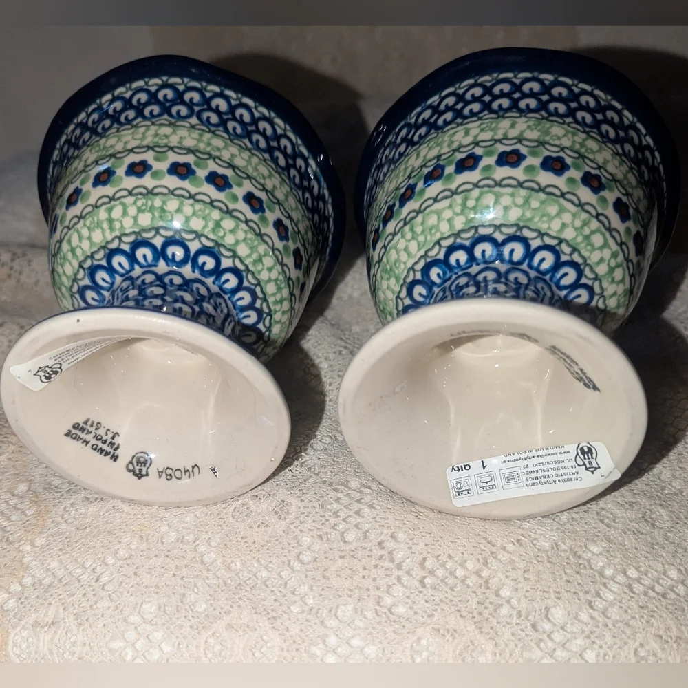 Artistic Ceramics Blue and Green Polish Footed dessert Bowls In Green Poppies .